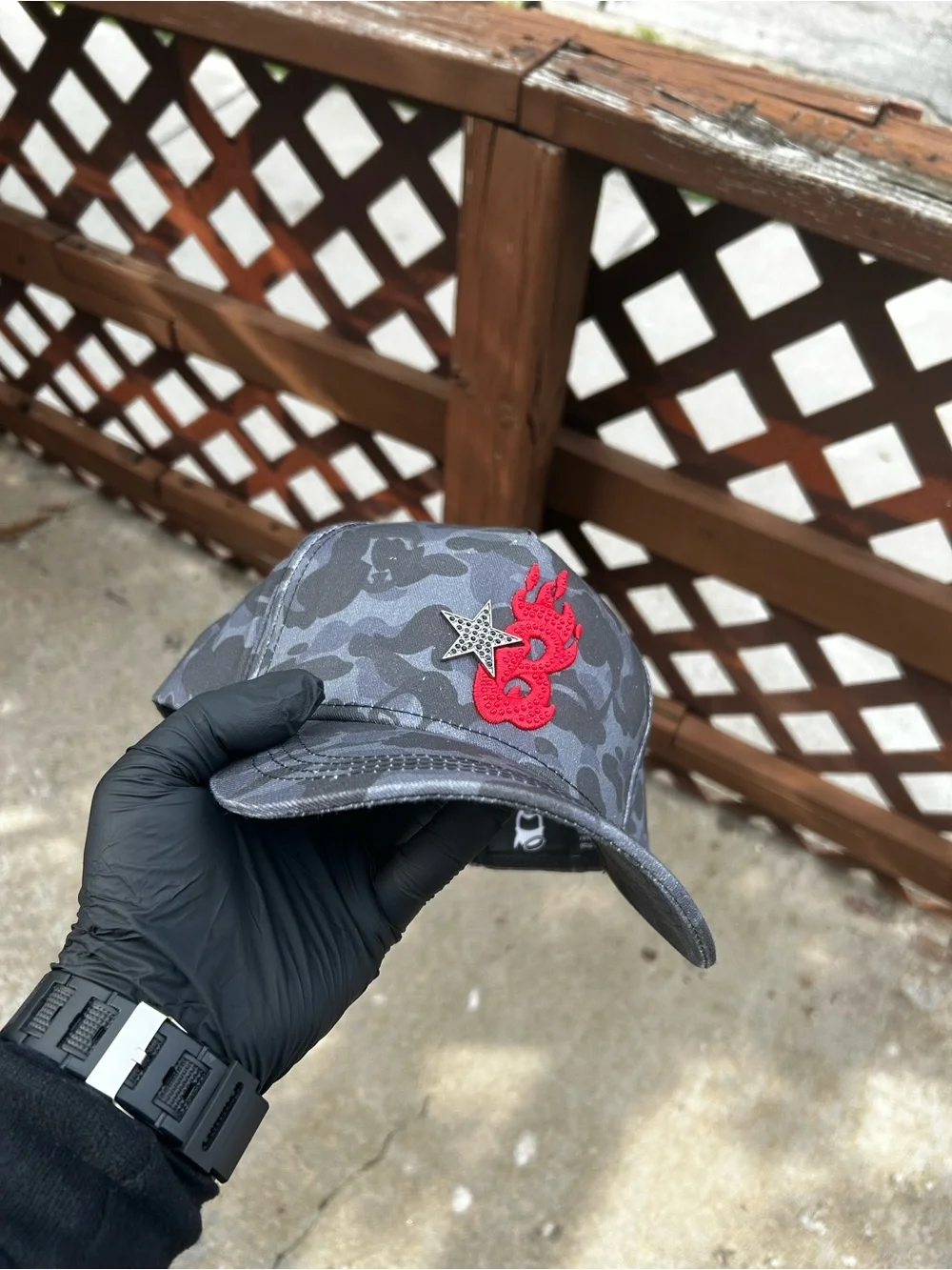 Gray Camo Cap with Red Embroidered Flame Patch